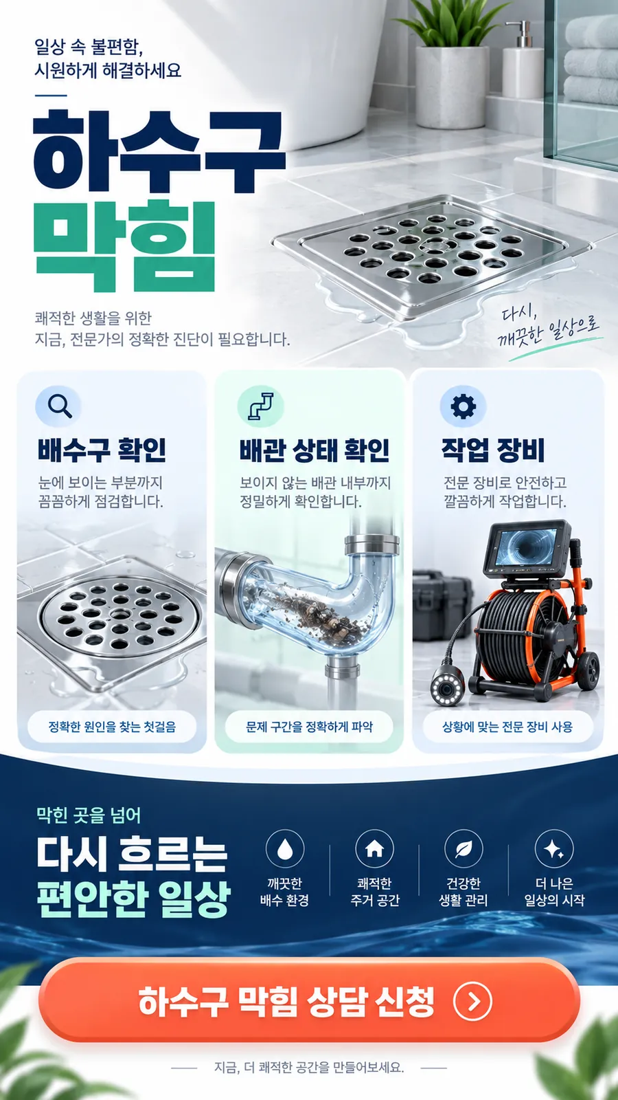 일산 하수구막힘 — 하수구 막힘, 배수구 확인·배관 상태 확인·작업 장비(배관 내시경)