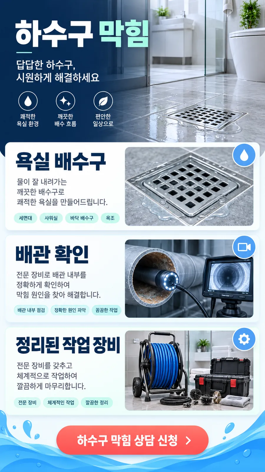 일산 하수구막힘 — 하수구 막힘, 세면대·샤워실·바닥 배수구·욕조 같은 욕실 배수구와 배관 확인·작업 장비