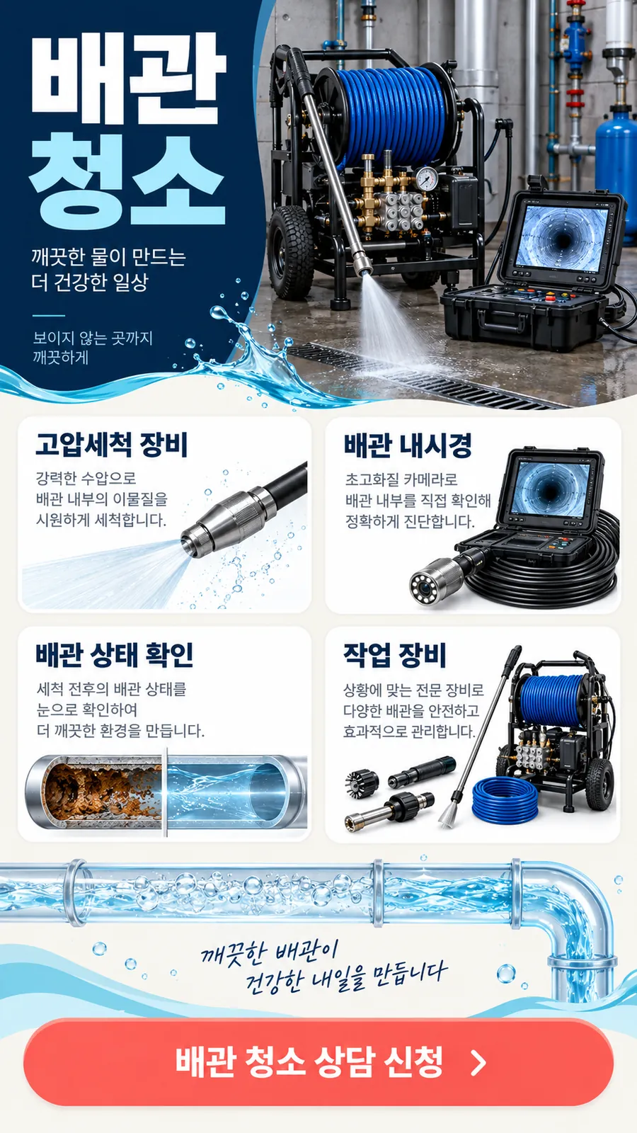 수원 하수구막힘 — 배관 청소, 고압세척 장비·배관 내시경·배관 상태 확인·작업 장비