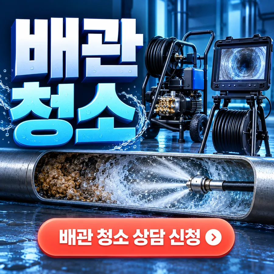 수원 하수구막힘 — 배관 청소, 고압세척기와 배관 내시경·찌꺼기를 물줄기로 씻어 내는 배관 단면