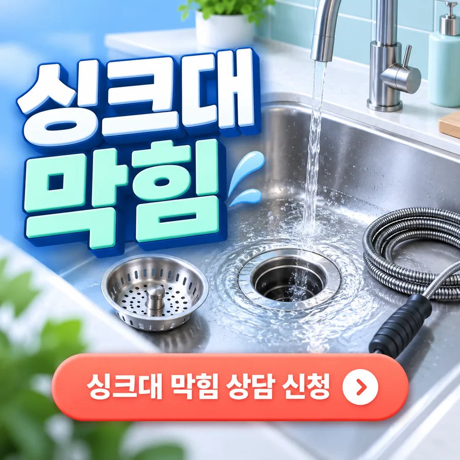 원주 하수구막힘 — 싱크대 막힘, 물이 고인 주방 싱크대 배수구와 배관 청소 도구